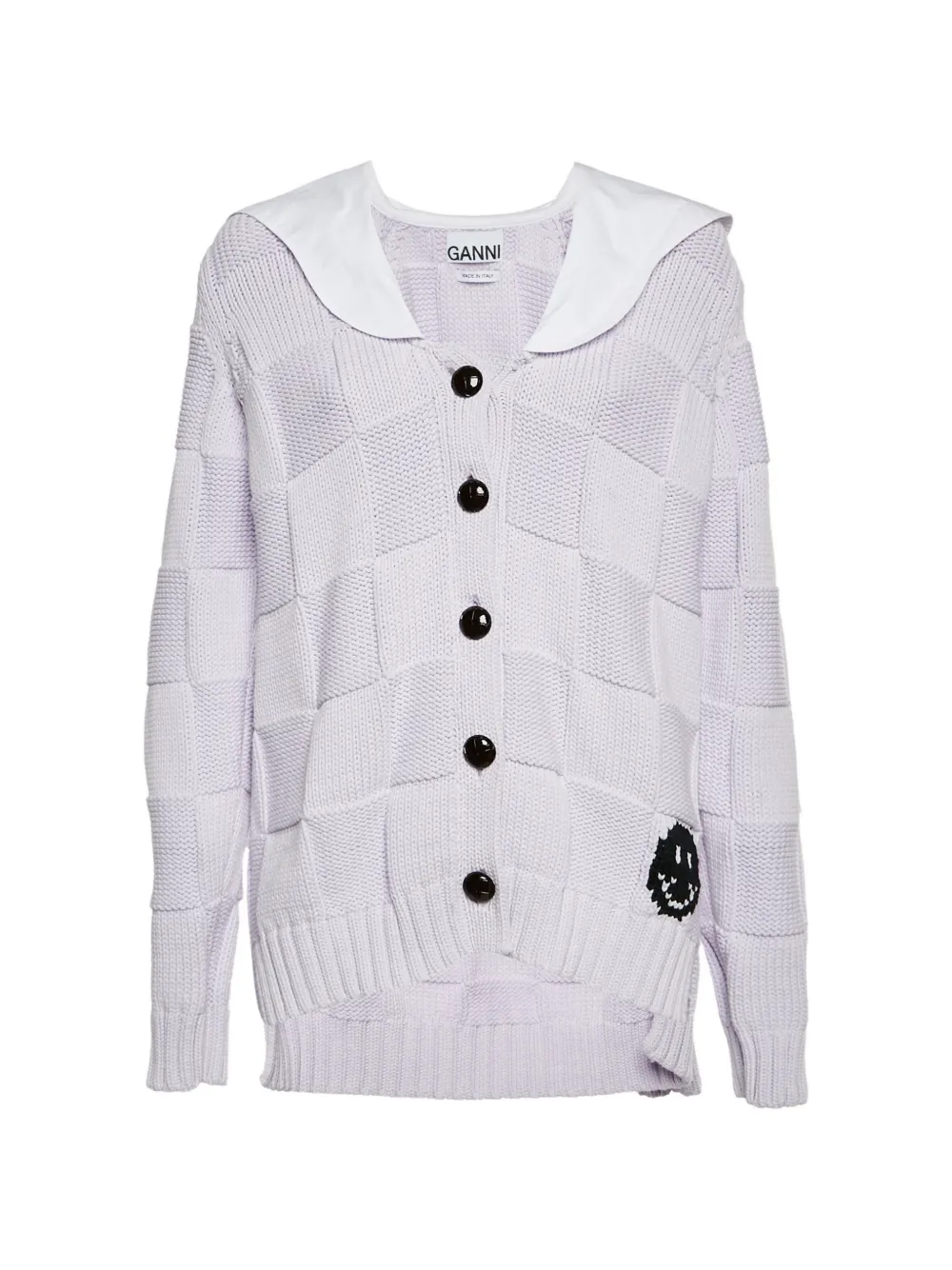 GANNI checkerboard-knit smiley-detail cotton cardigan - Purple