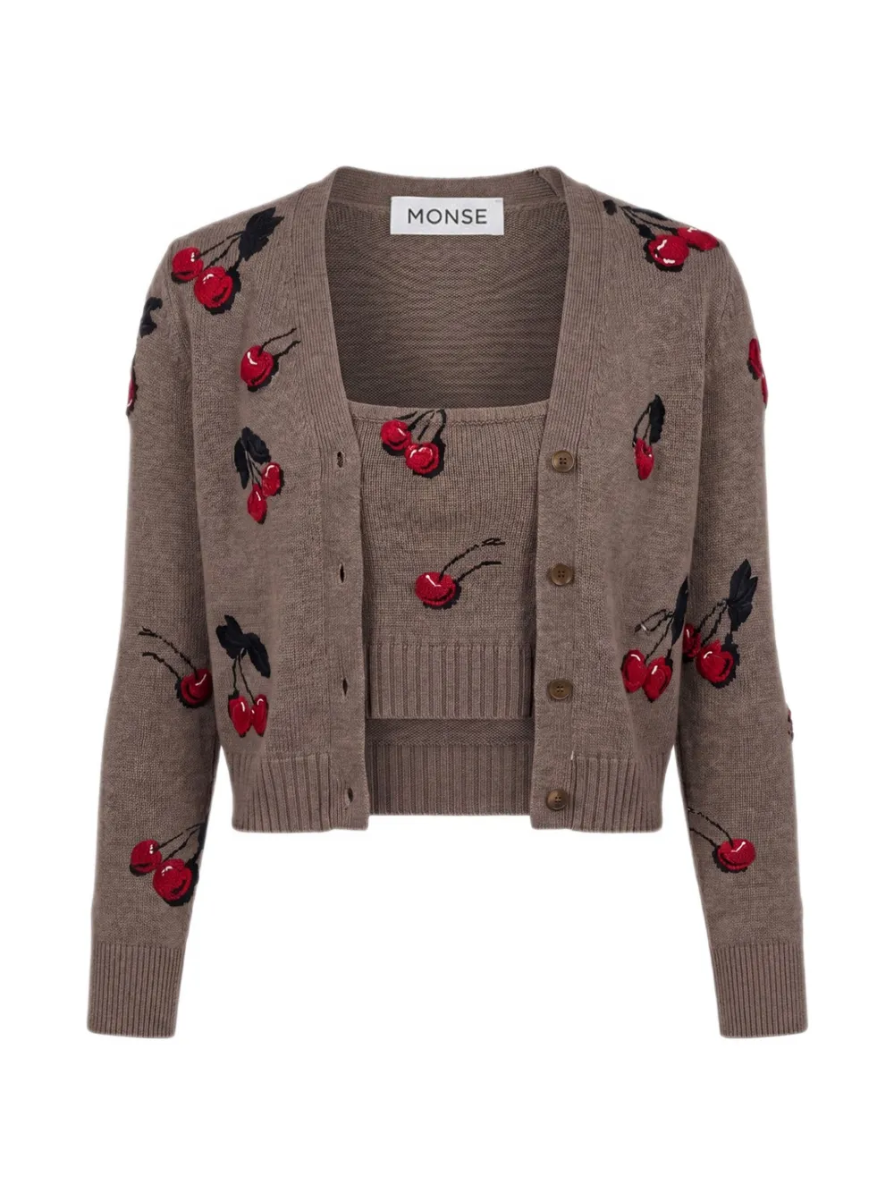 Monse cherry-intarsia cropped cardigan and top set - Brown
