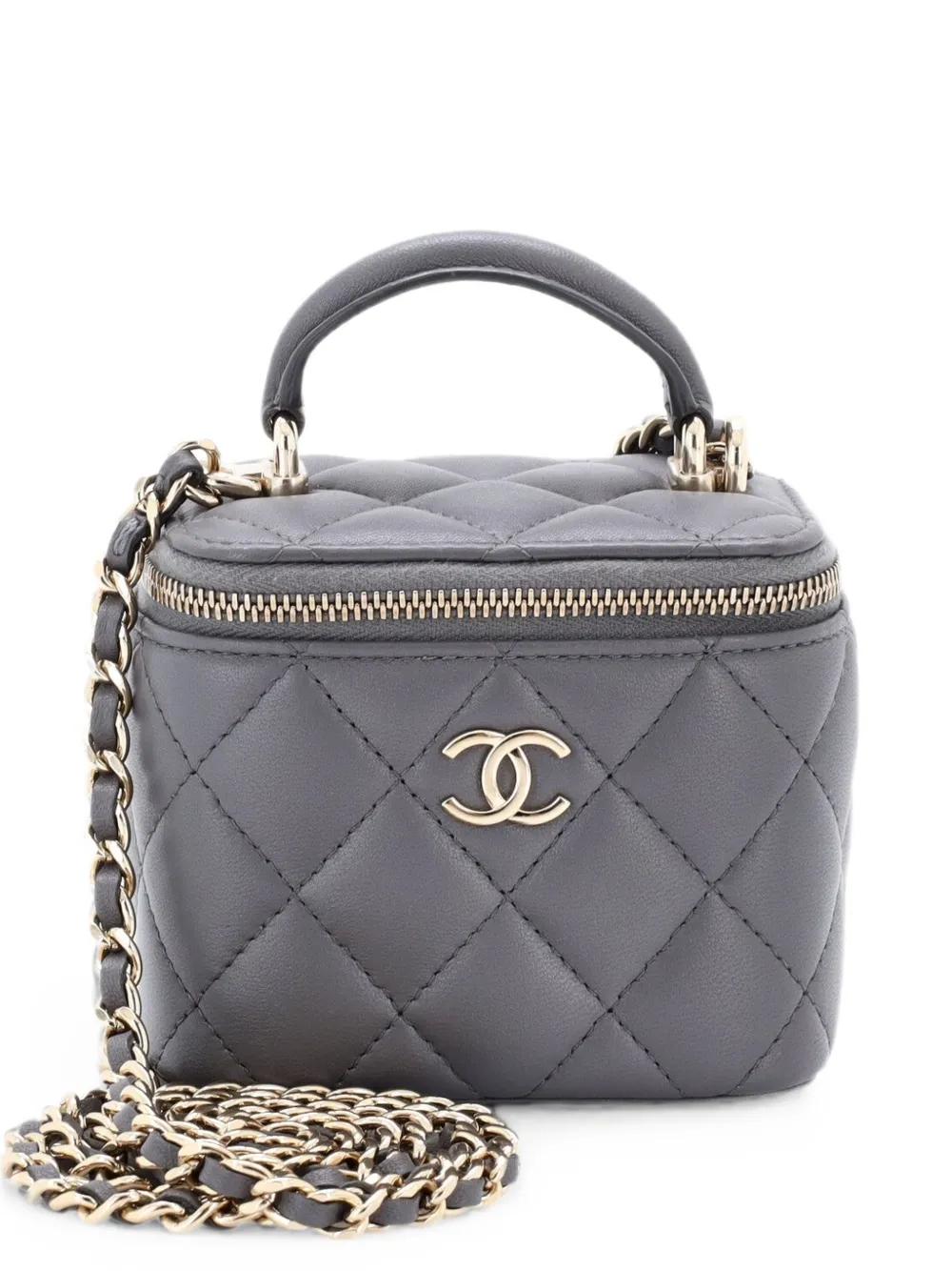 CHANEL Pre-Owned Borsa a tracolla Vanity Case mini in pelle di agnello trapuntata con manico - Grigio