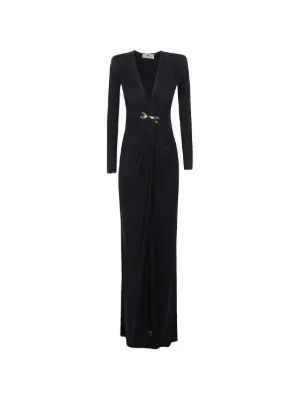 ELISABETTA FRANCHI 上品ロゴ　長袖ワンピース 42 Elisabetta Franchi Maxi gold-tone Brooch Dress | Black | FARFETCH CA