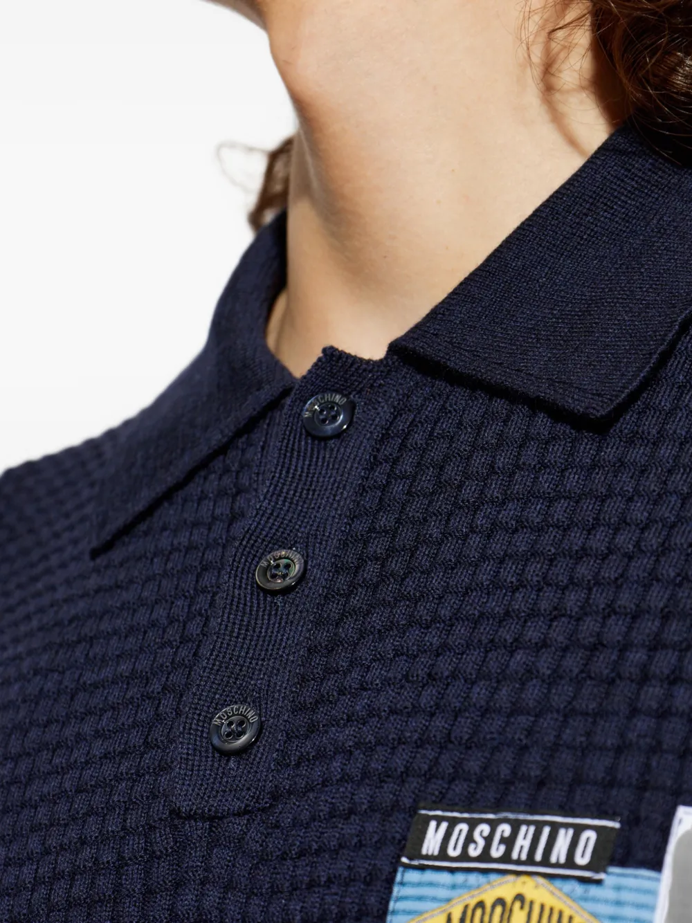 Moschino Wafelgebreide trui met logopatch Blauw