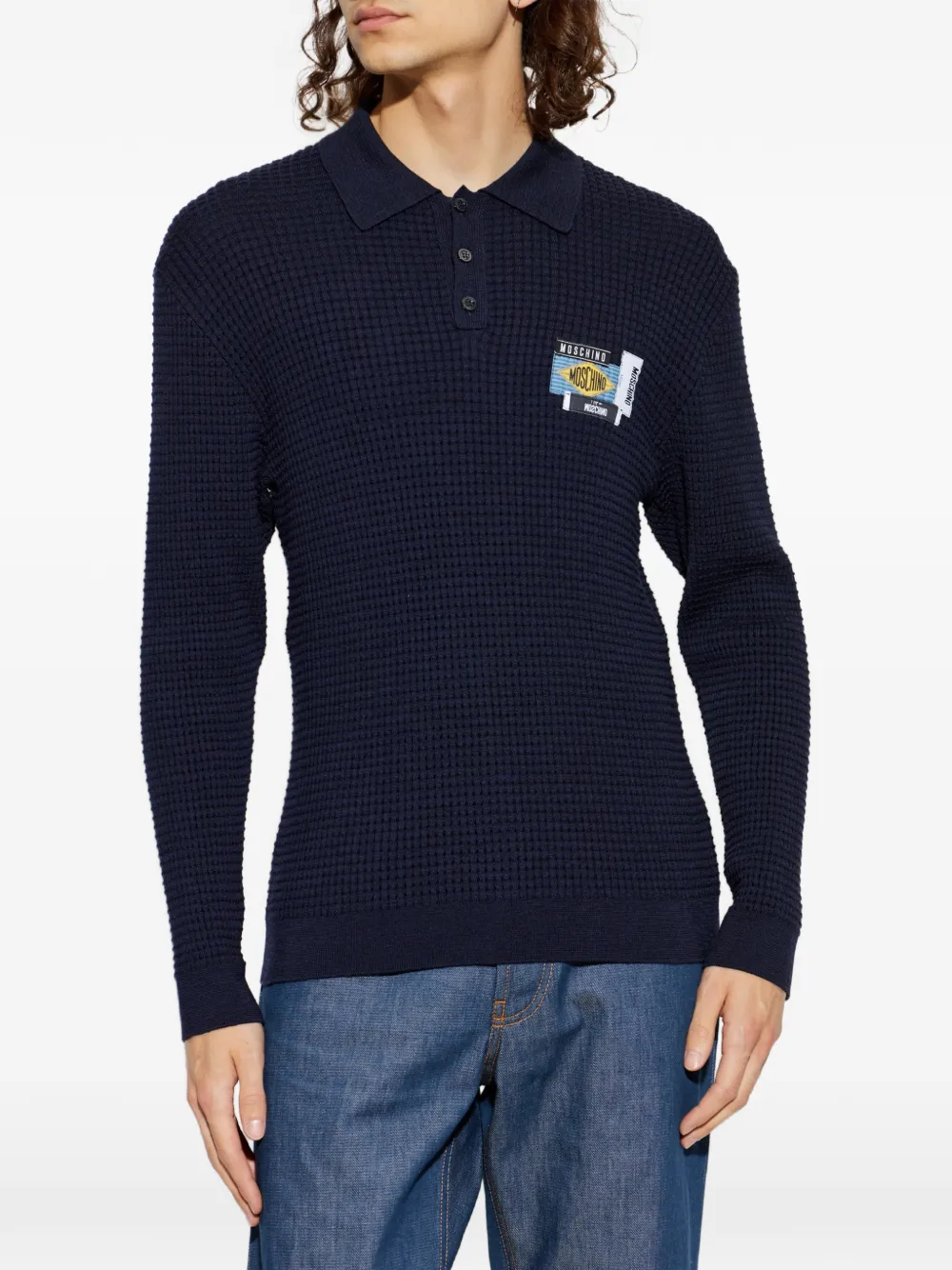 Moschino Wafelgebreide trui met logopatch Blauw