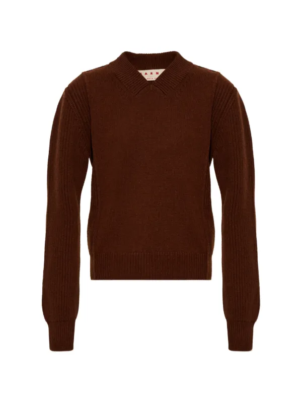 Marni Ribbed-knit V-neck Sweater in Brown