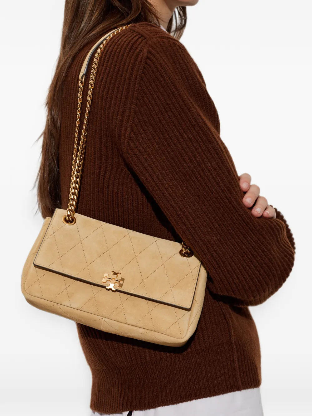 Tory Burch Charlie kleine gewatteerde schoudertas Beige