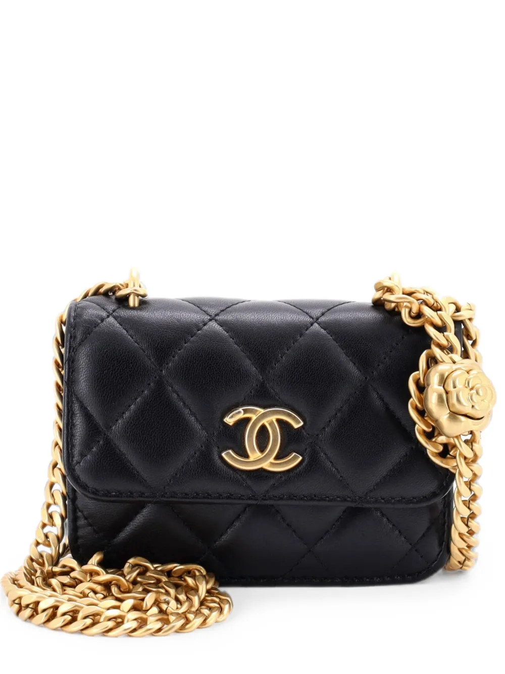 CHANEL Pre-Owned Sweet Camellia Flap Clutch with Chain Quilted Lambskin Mini crossbody bag - Nero