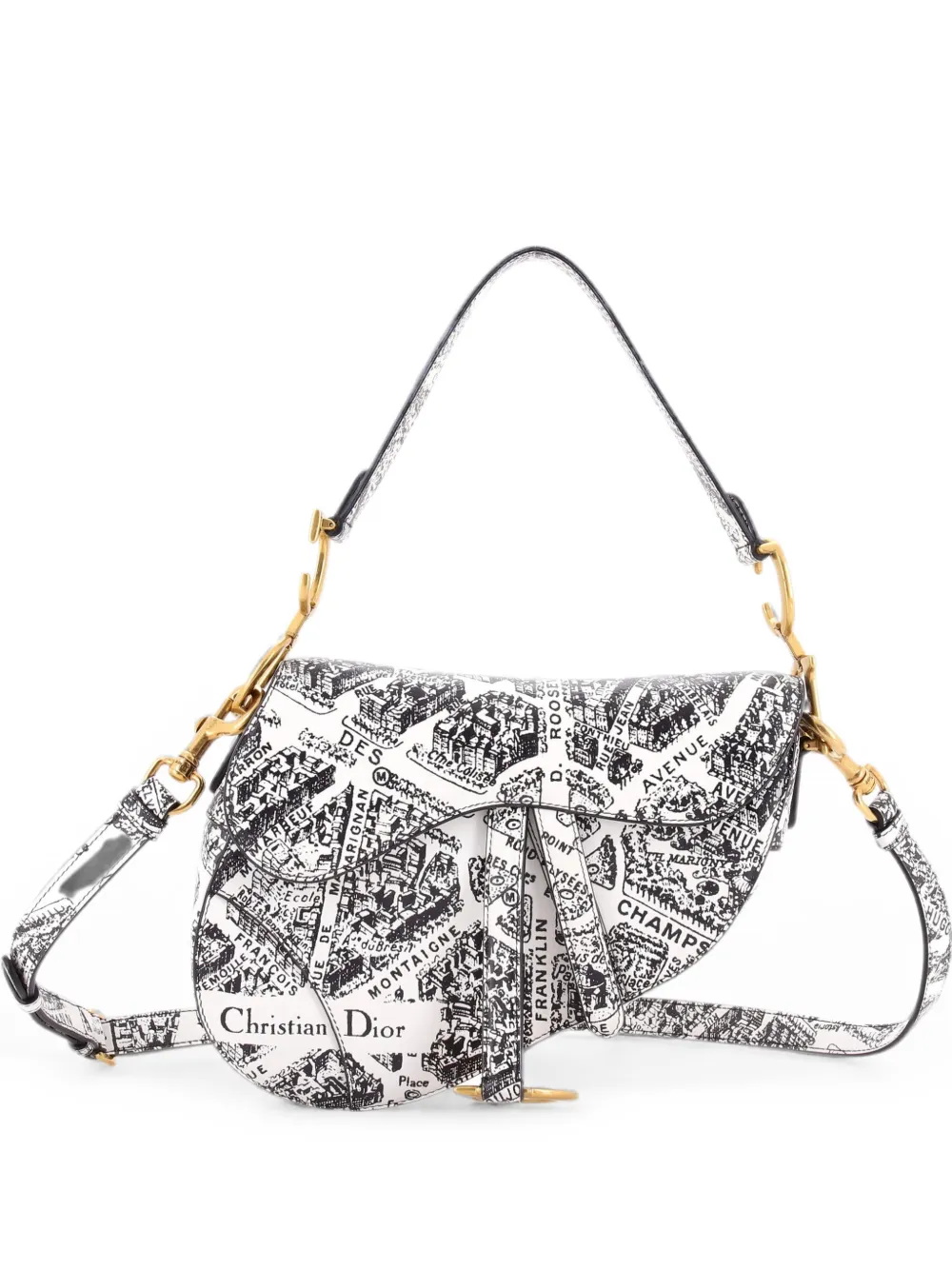 Christian Dior Pre-Owned Borsa a spalla Saddle media in pelle con stampa e tracolla - Nero