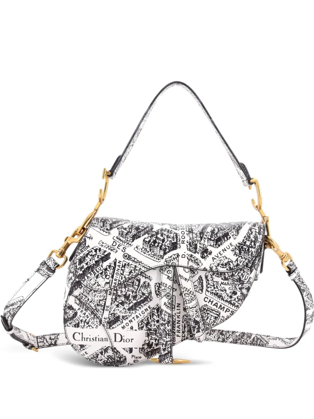 Christian Dior Pre-Owned Saddle Handbag with Strap Printed Leather Medium shoulder bag - Black