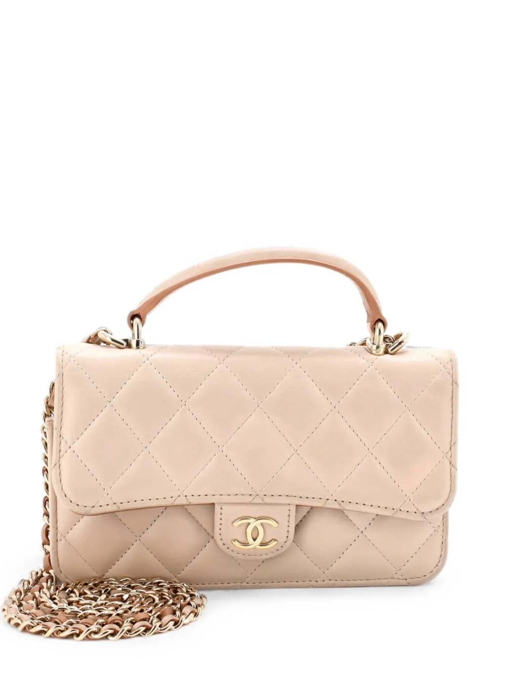 CHANEL Pre-Owned Classic Top Handle Flap Phone Holder with Chain Quilted Lambskin crossbody bag - Neutrals