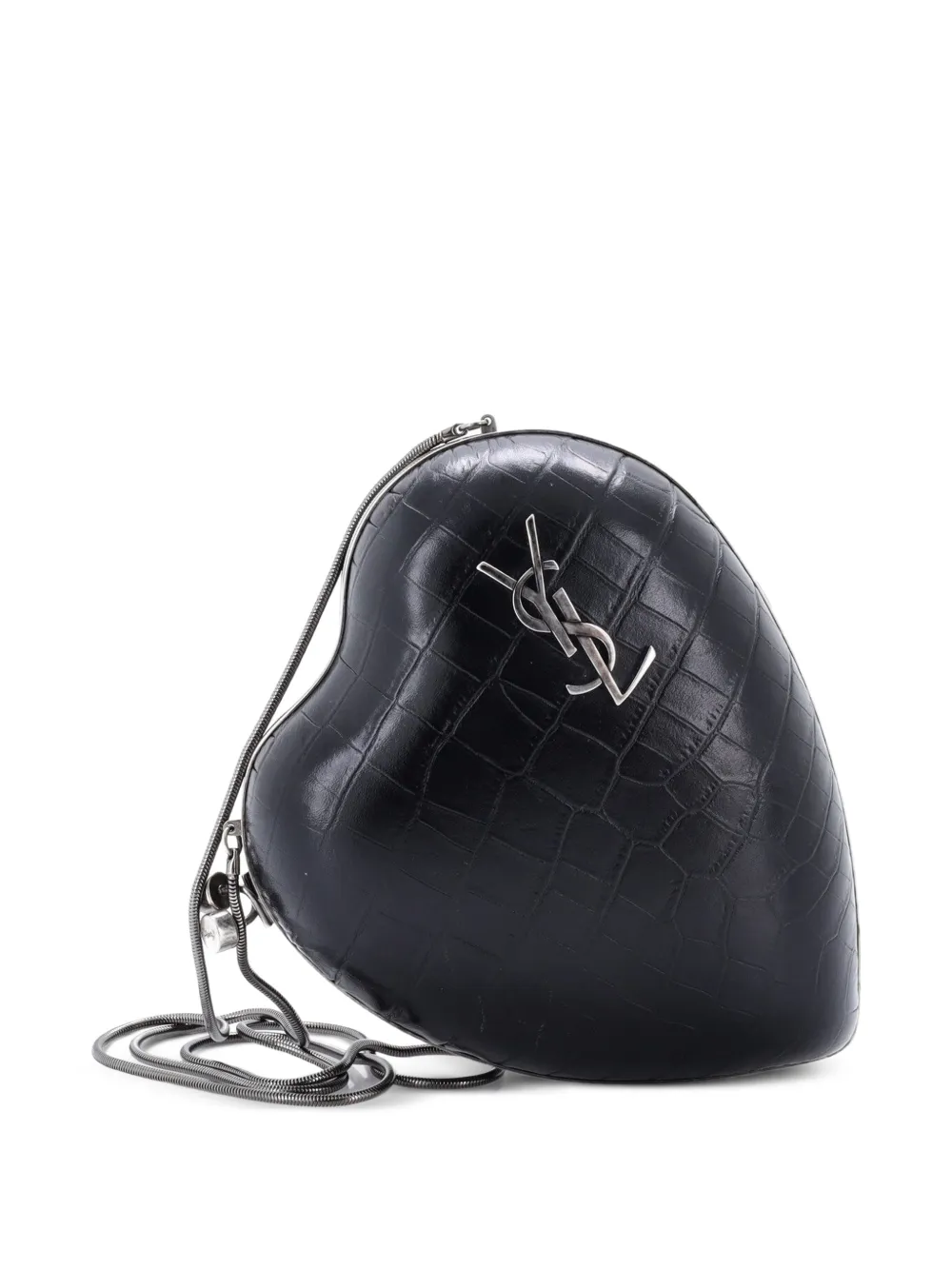 Saint Laurent Pre-Owned Clutch Love Heart Chain Box in pelle con effetto coccodrillo - Nero