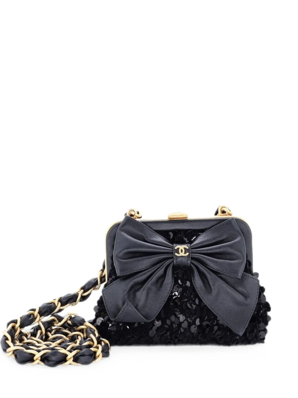 CHANEL Pre-Owned Clutch mini in tweed e pelle con paillettes e catena - Nero