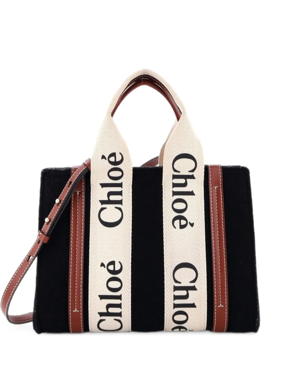 Chloé Pre-Owned Borsa tote Woody piccola in e feltro riciclato con dettagli in pelle e tela - Nero