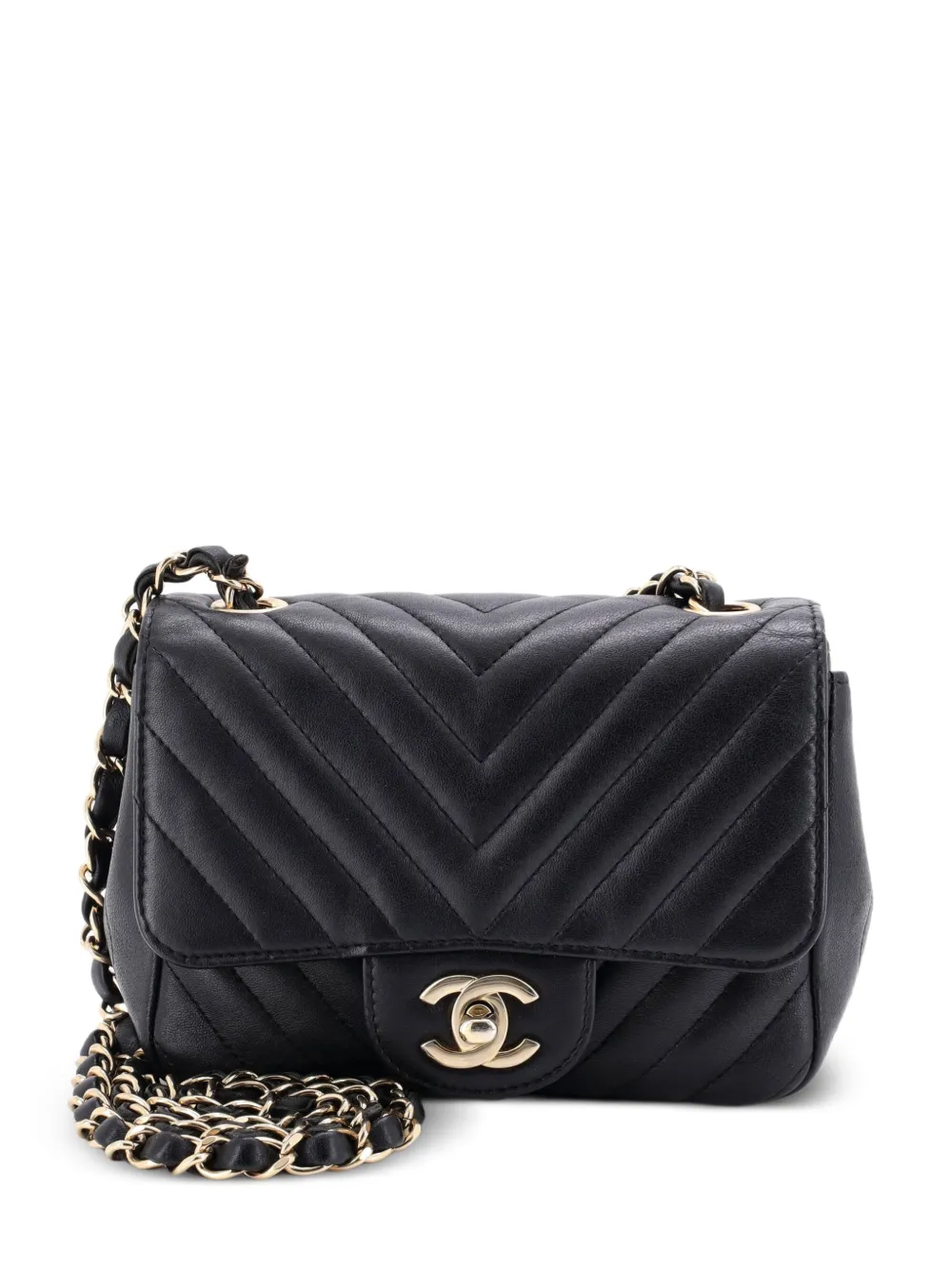 CHANEL Pre-Owned Borsa a tracolla squadrata mini in pelle di agnello con battente e motivo Chevron - Nero