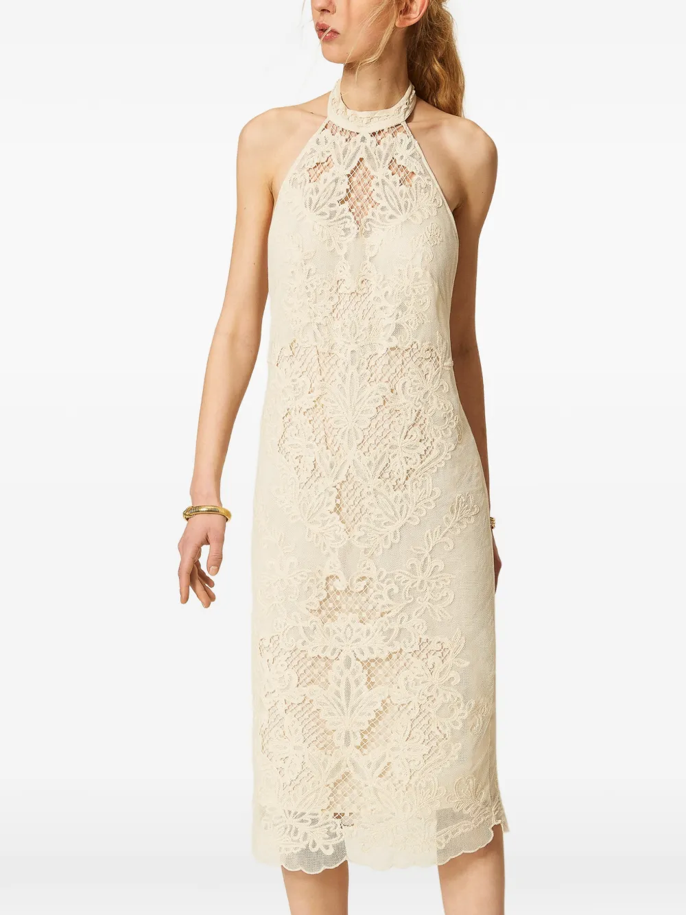 TWINSET Mesh maxi-jurk met borduurwerk Beige