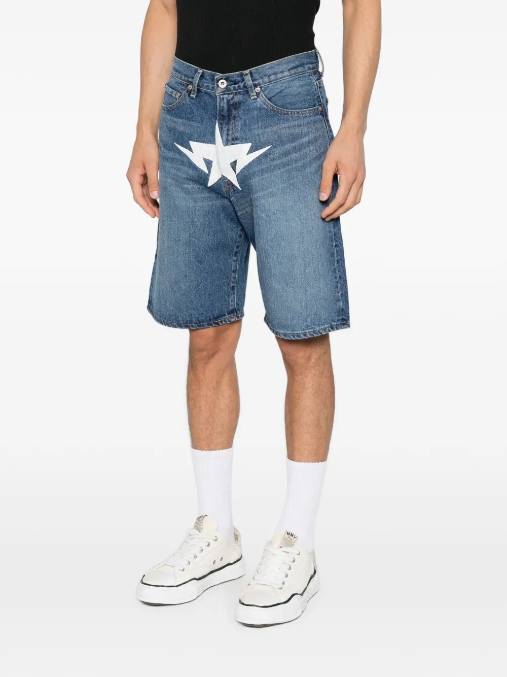 A BATHING APE Denim shorts met ster-print Blauw