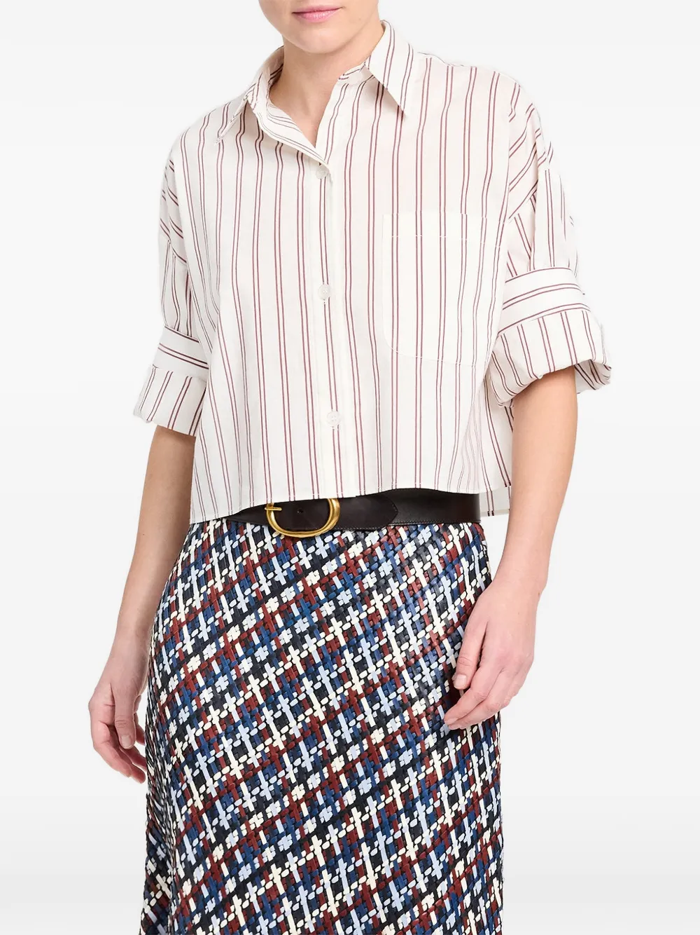 TWP Stripe-pattern Cropped Shirt in White, view 3