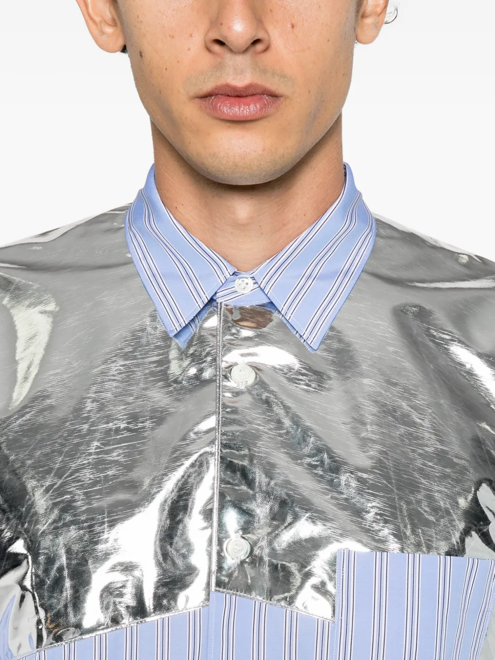 Comme Des Garçons Shirt striped metallic-panel shirt Blauw