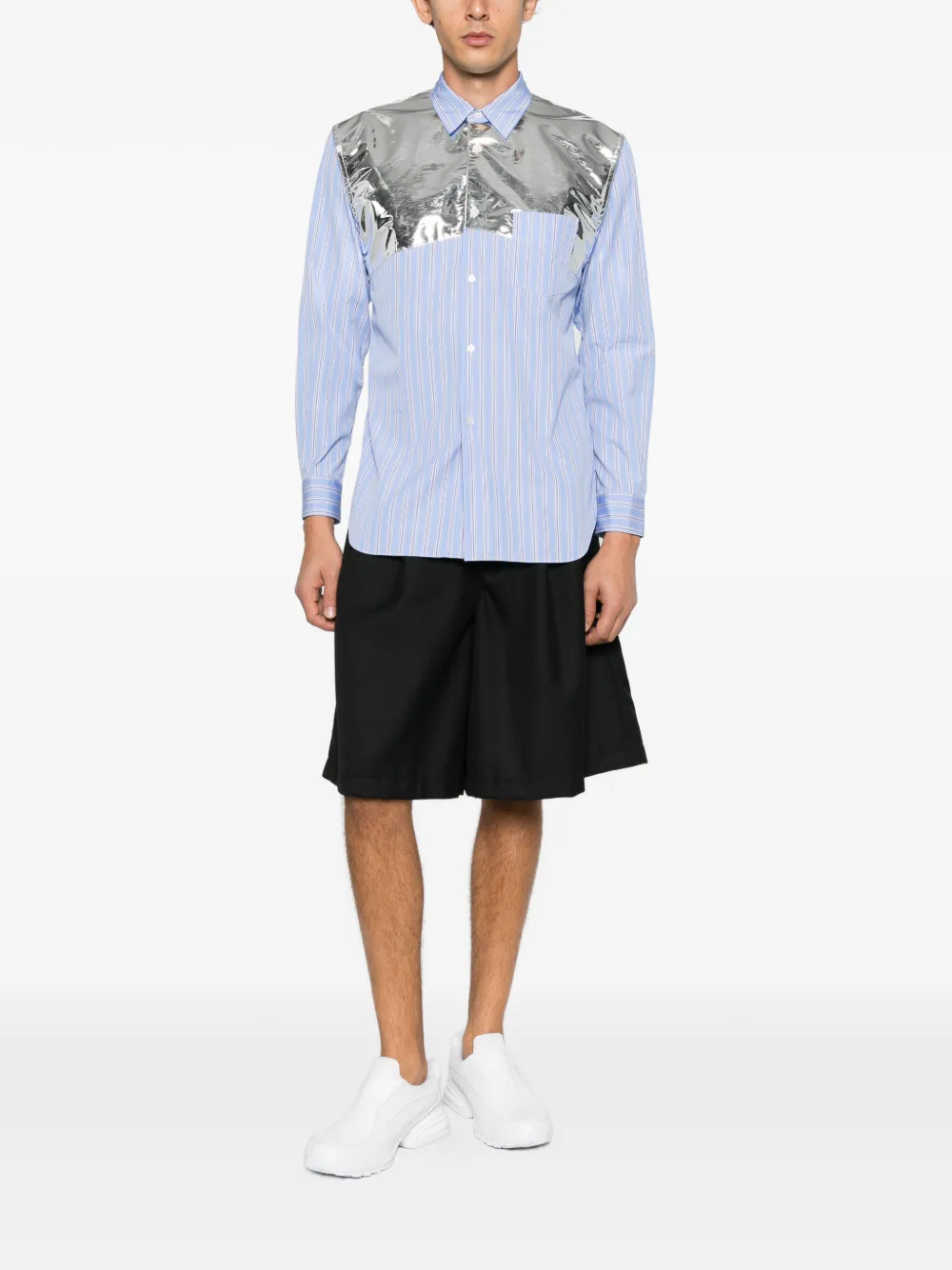 Comme Des Garçons Shirt striped metallic-panel shirt Blauw