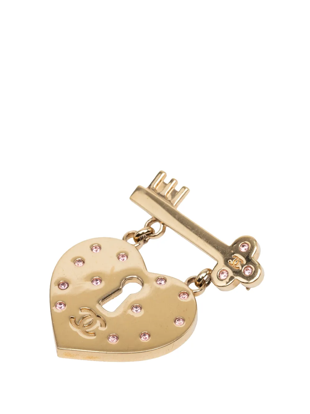 CHANEL Pre-Owned 2002 CC Gold Plated Strass Heart Lock and Key Brooch costume brooch - Oro