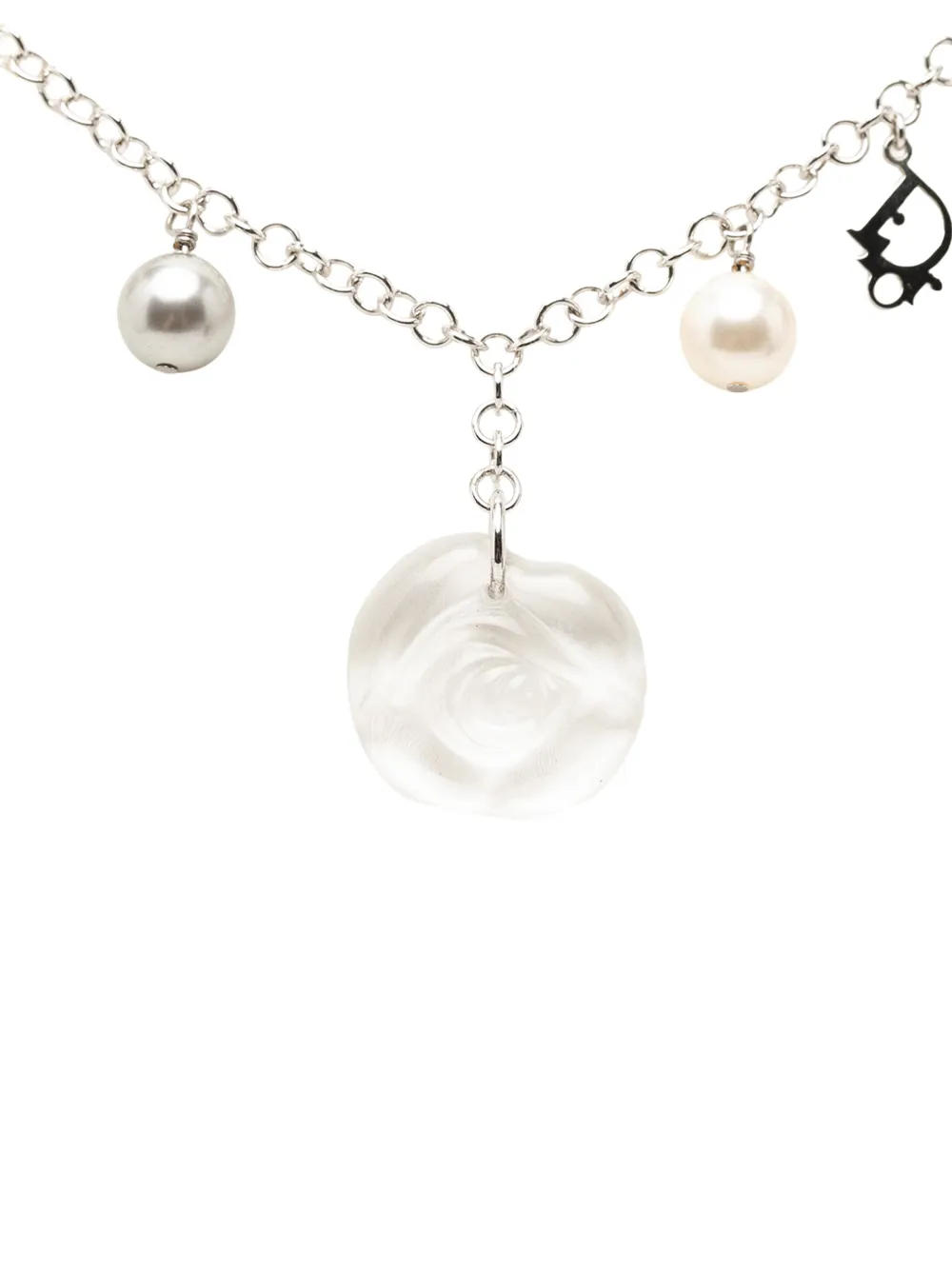 Christian Dior Pre-Owned 20th Century Brass Faux Pearl Rose Pendant Necklace costume necklace - Silver