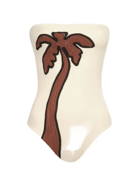 Johanna Ortiz palm-motif textured strapless swimsuit