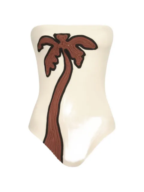 Johanna Ortiz palm-motif textured strapless swimsuit