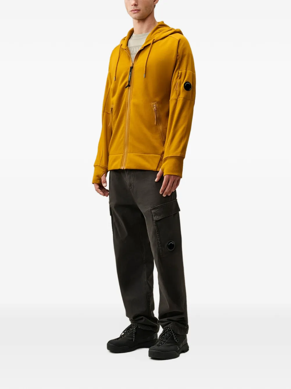 C.P. Company diagonal raised fleece Lens hooded zip sweatshirt Geel