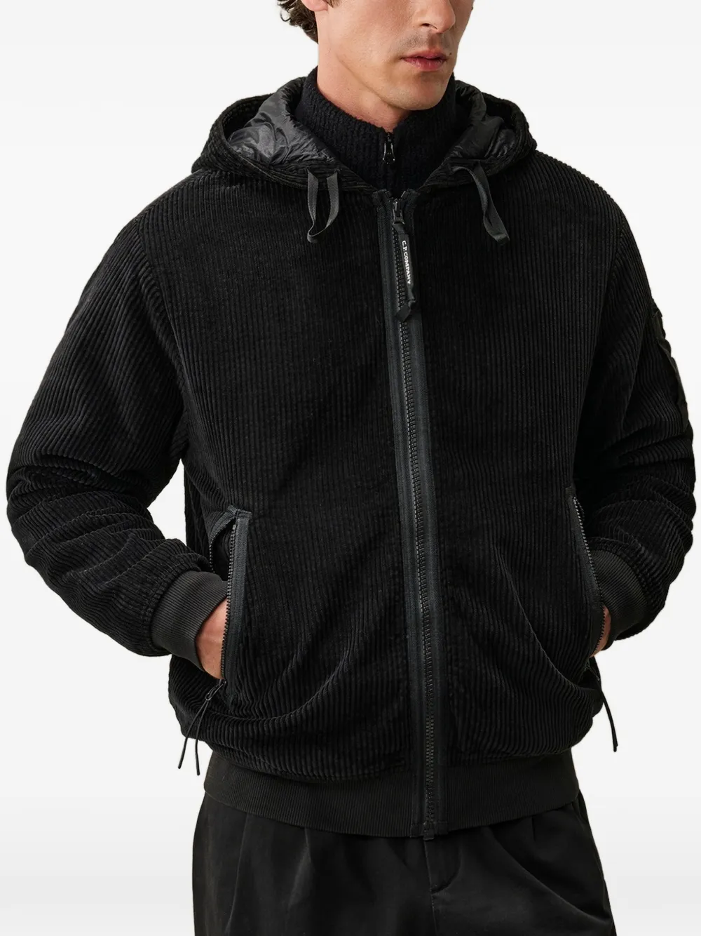 C.P. Company 350 corduroy hooded lens padded sweatshirt Zwart
