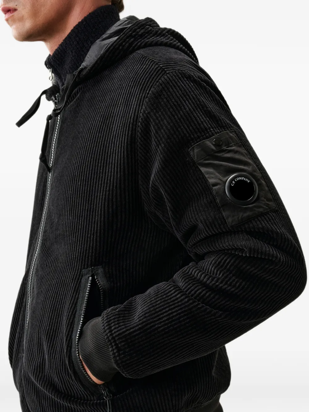 C.P. Company 350 corduroy hooded lens padded sweatshirt Zwart