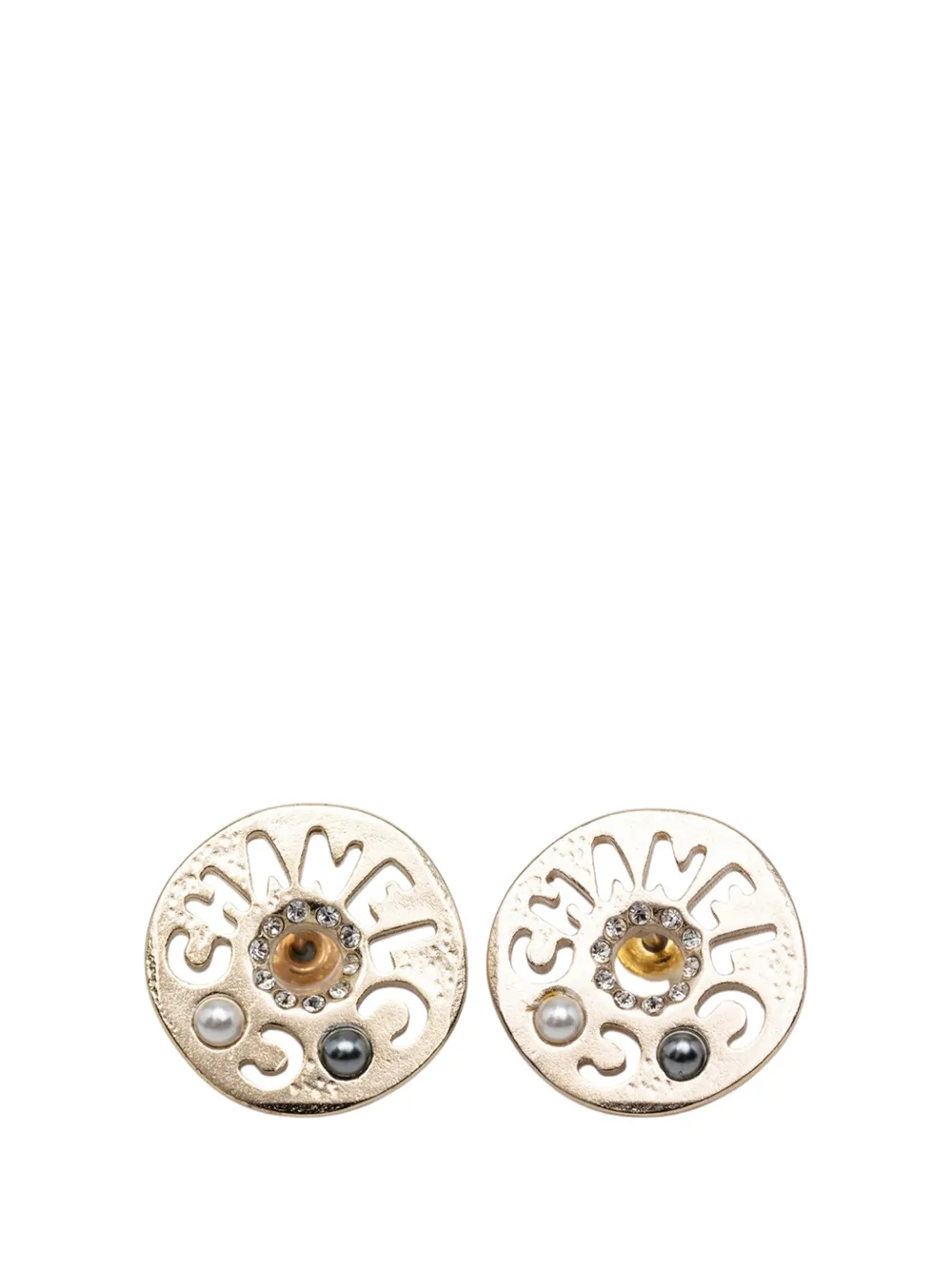 CHANEL Pre-Owned 1990-2010 Gold Plated Strass Faux Pearl Coco Logo Disc Pushback Earrings costume earrings - Oro