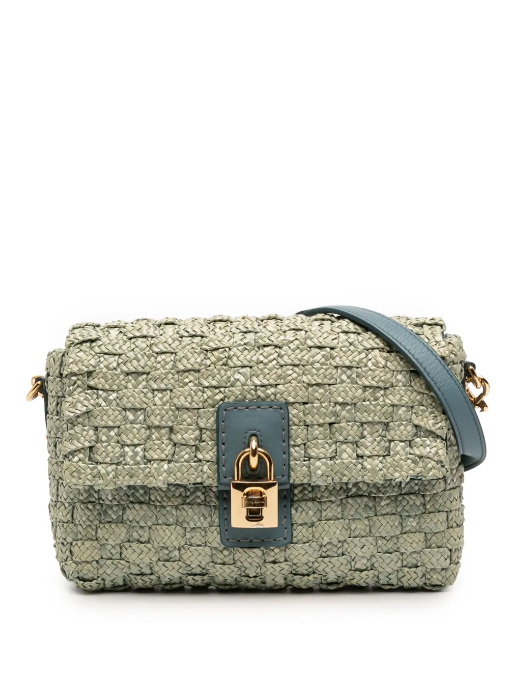 Pre-owned Dolce & Gabbana 2010-2026 Leather Trimmed Woven Raffia Padlock Crossbody Bag In Blue