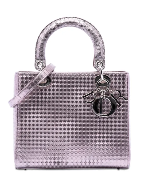 Dior Pre-owned 2015 Medium Metallic Patent Microcannage Lady Dior Satchel in Purple