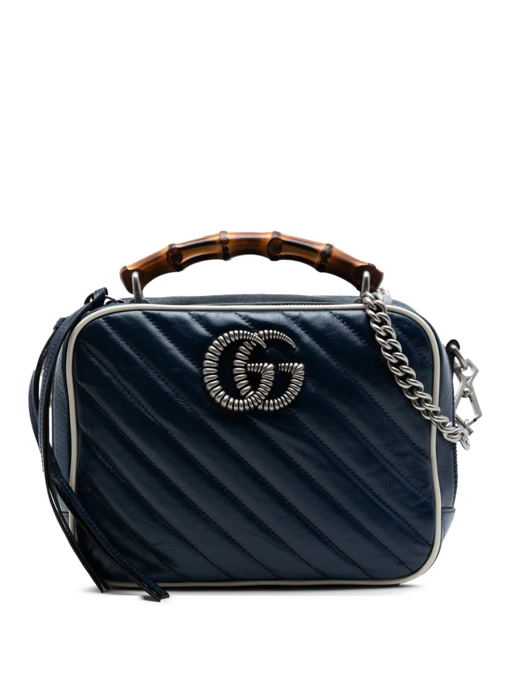 Gucci Pre-Owned 2016-2026 Small GG Marmont Matelasse Diagonal Leather Torchon Bamboo satchel - Blu