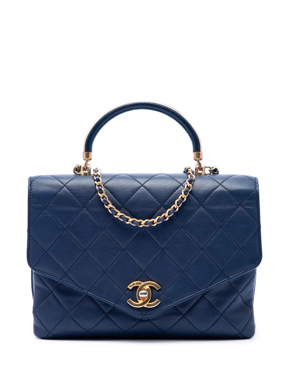 CHANEL Pre-Owned 2019 CC Quilted Calfskin Metal Top Handle Envelope Flap satchel - Blu