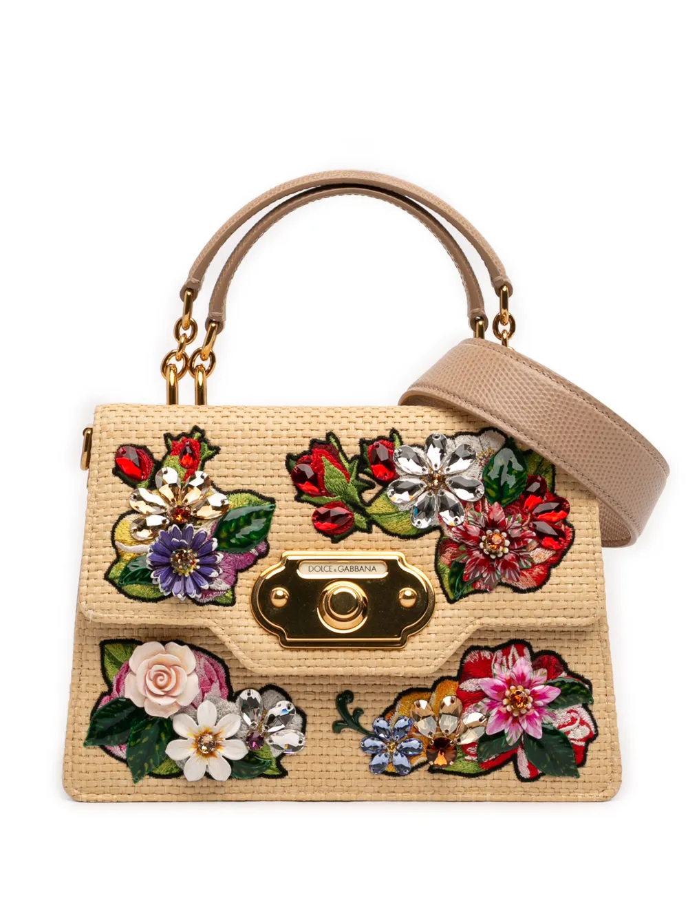 Pre-owned Dolce & Gabbana 2010-2026 Floral Embroidered And Crystal Embellished Raffia Welcome Top Handle Bag Satchel In Neutral