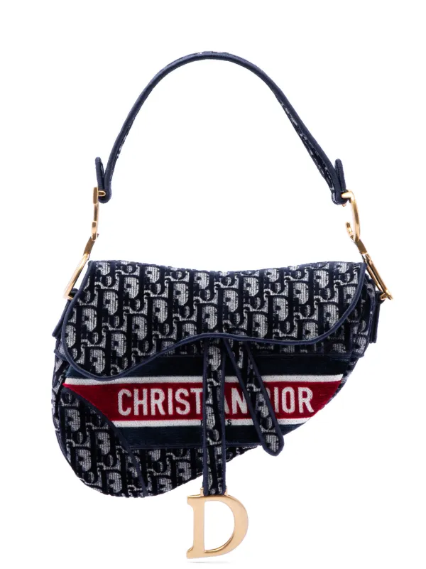 Dior Pre-owned 2021 Oblique Embroidered Velvet Saddle Bag Shoulder Bag in Blue
