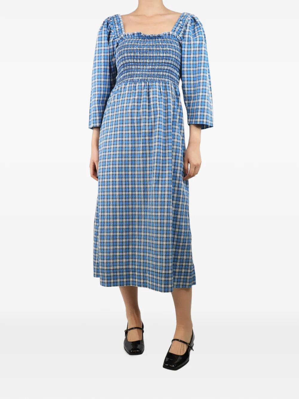 Pre-owned Ganni Shirred Seersucker Midi Dress In Blue