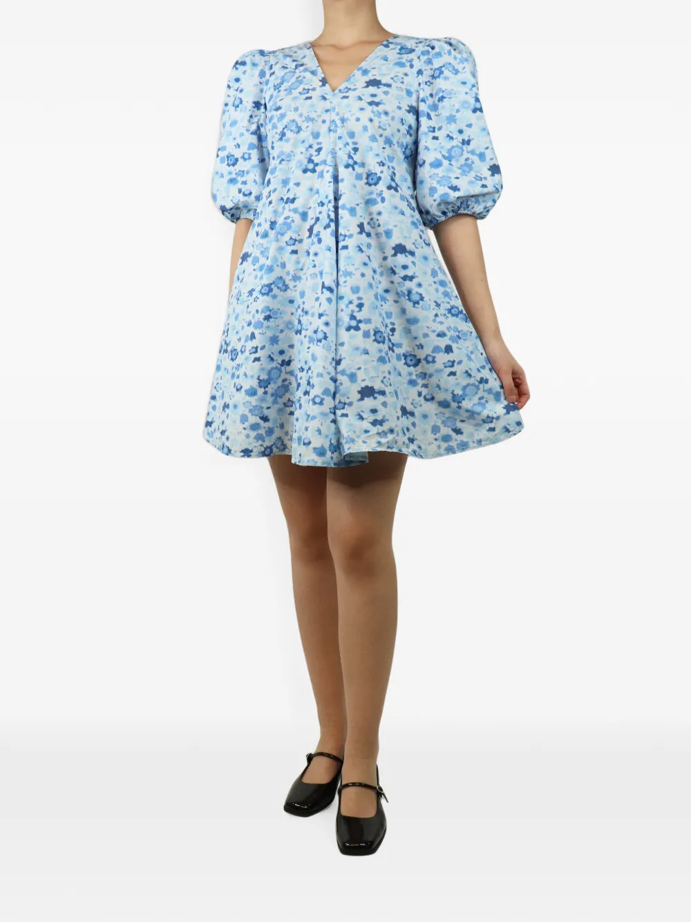 GANNI Abito midi a fiori con maniche a palloncino - Blu