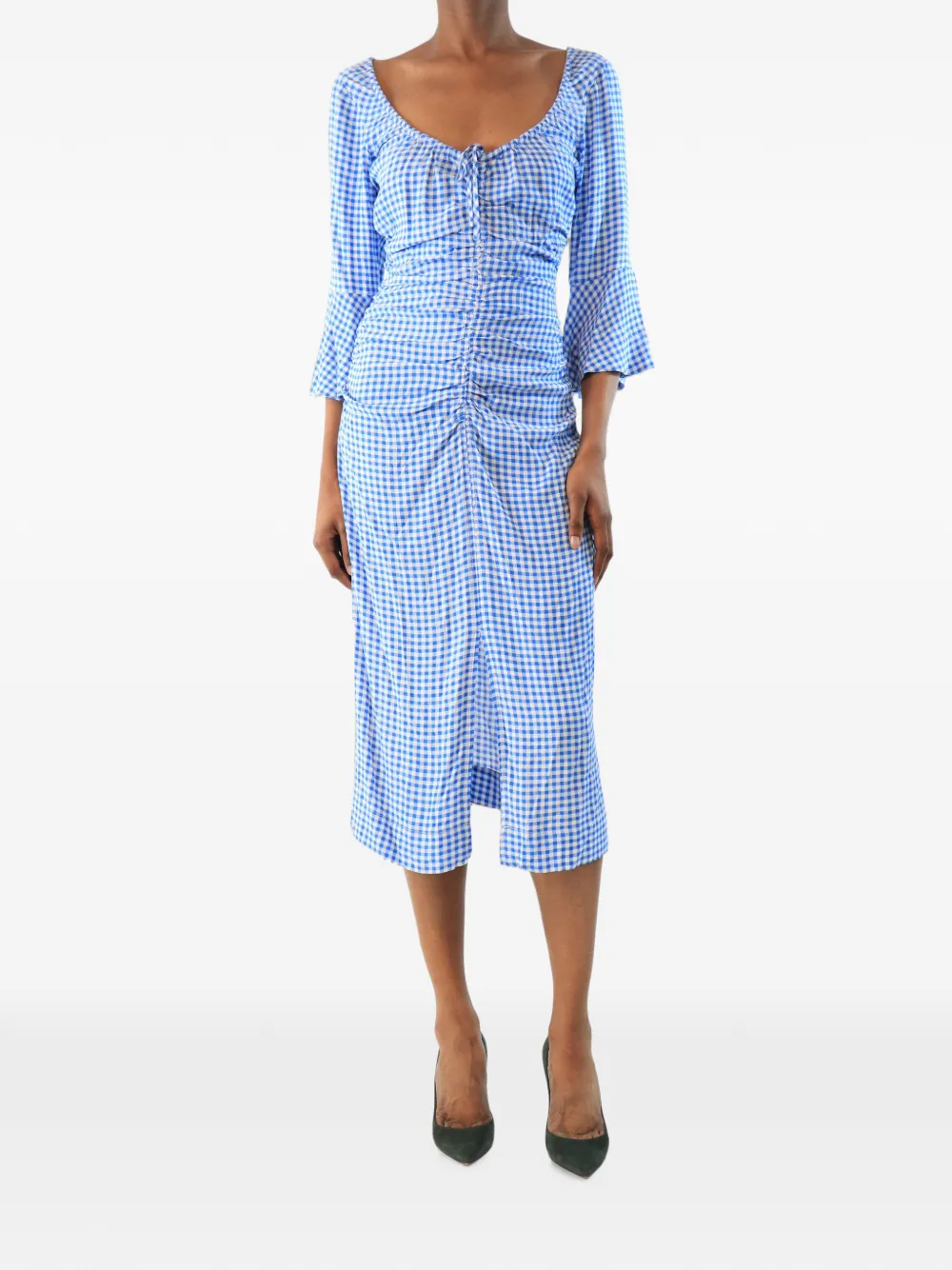 Pre-owned Ganni Ruched Midi Dress In Blue