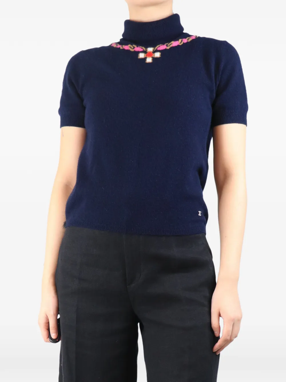 CHANEL Pre-Owned Gripoix-print roll-neck short-sleeve sweater - Blue