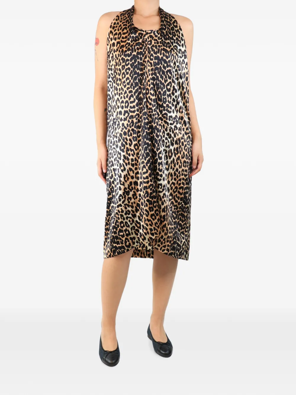 GANNI Abito midi leopardato con scollo all'americana - Toni neutri
