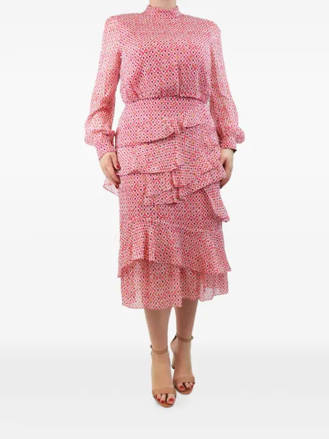 Saloni floral-print long-sleeve ruffled silk midi dress