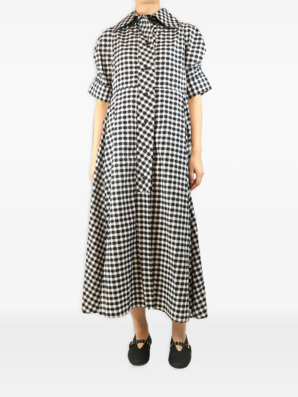 Thierry Colson gingham-print puffed-sleeve midi dress - White