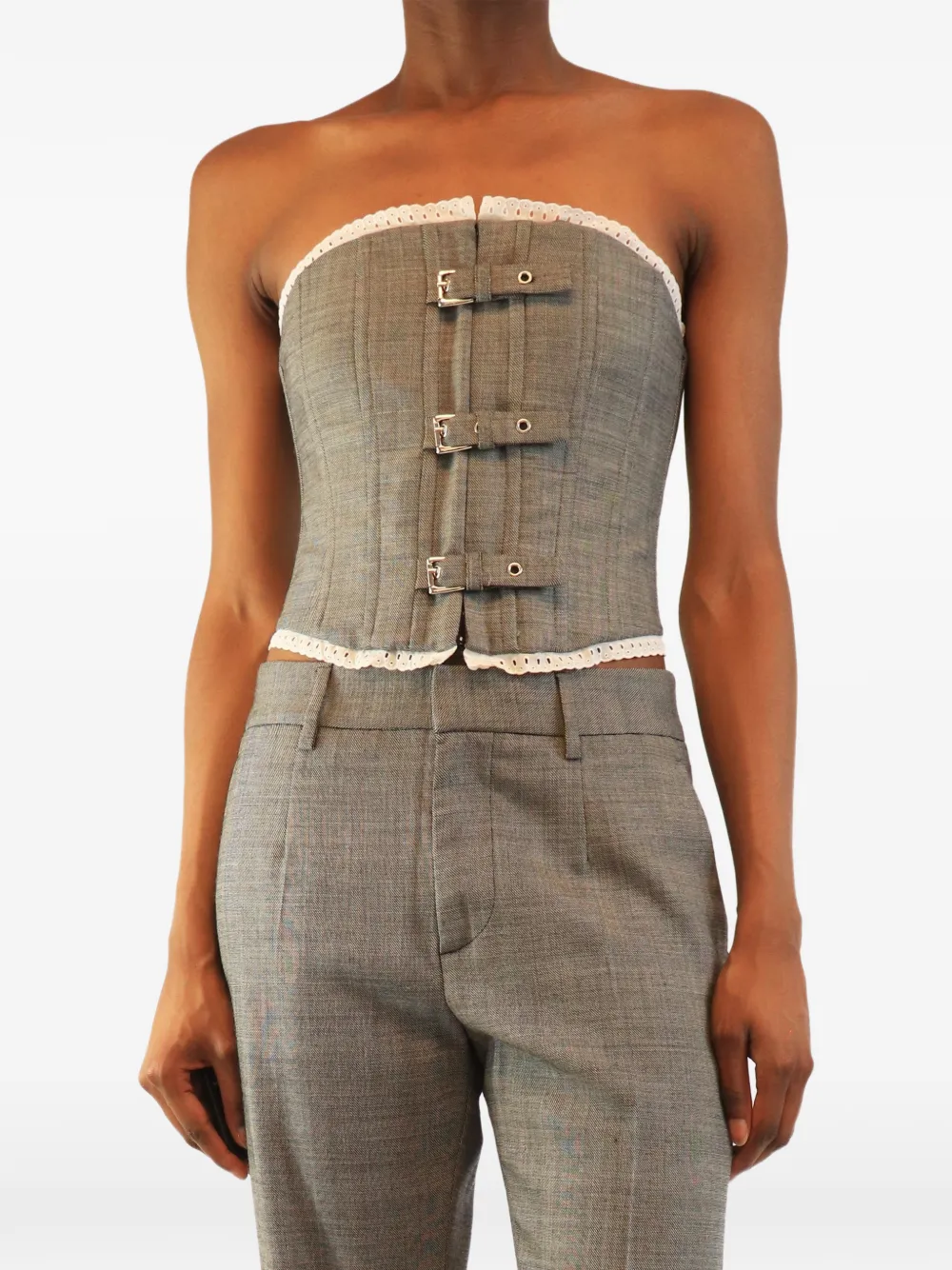 Alessandra Rich buckled lace-trim top - Grey