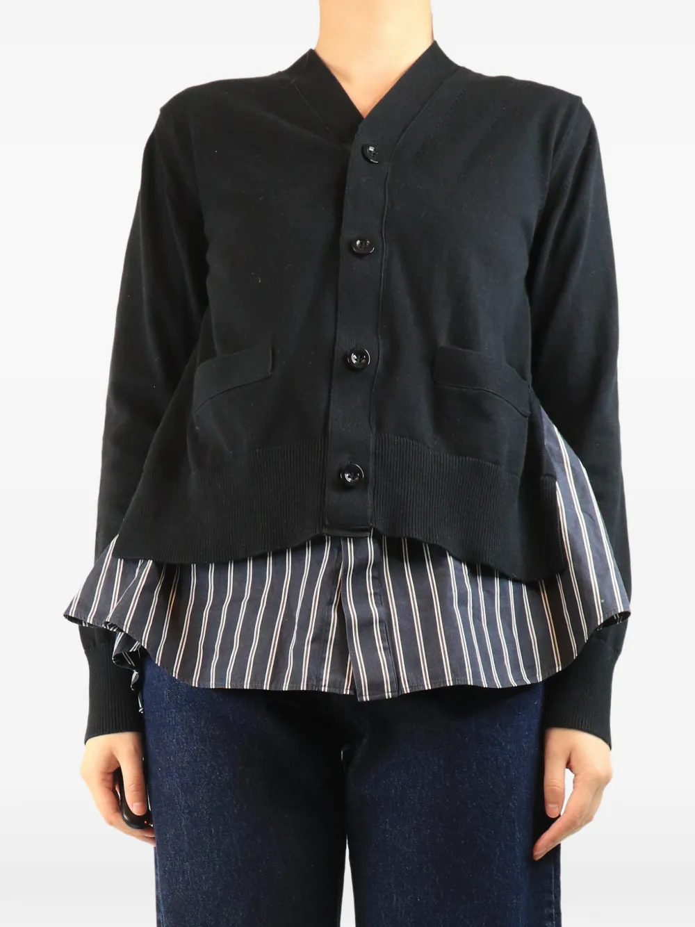 sacai Gestreifter Cardigan im Layering-Look - Schwarz