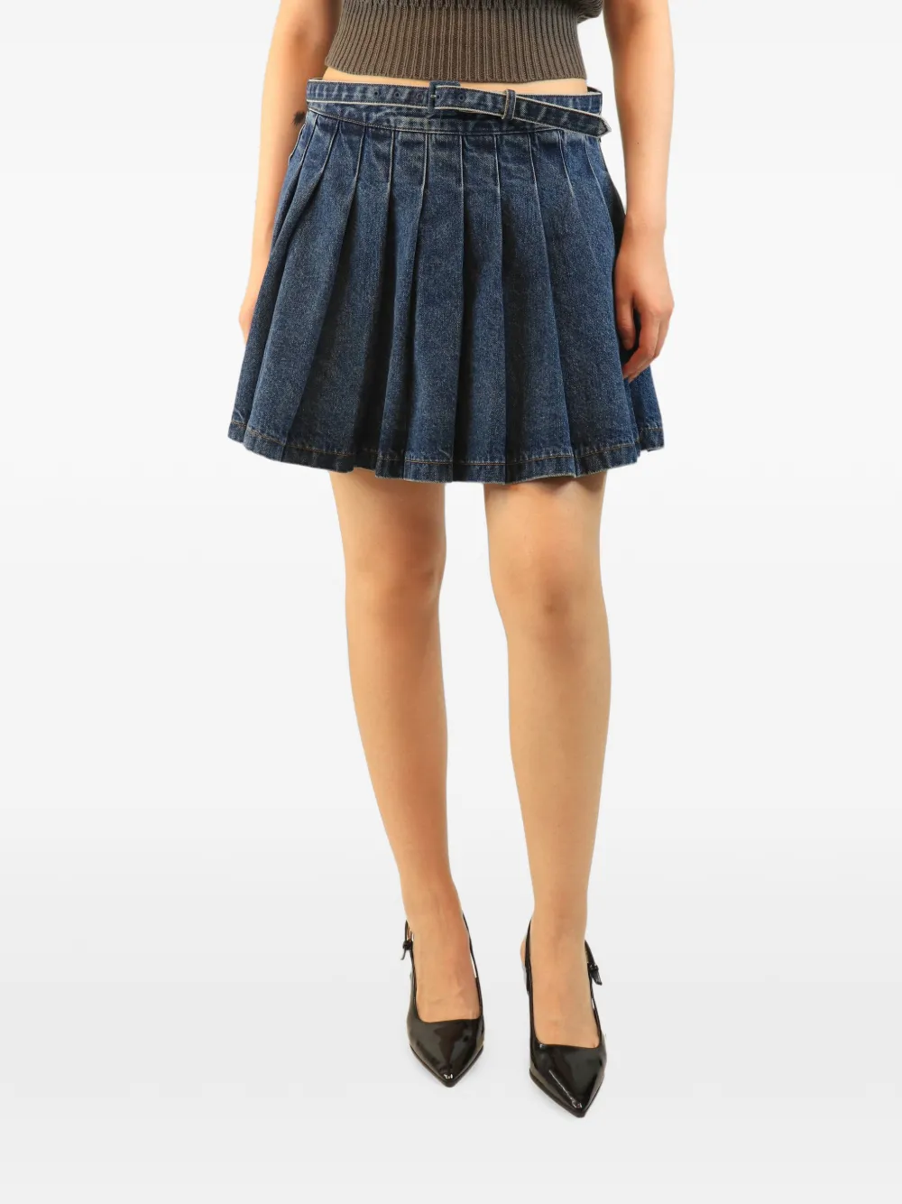 Self-Portrait pleated denim mini skirt - Blue