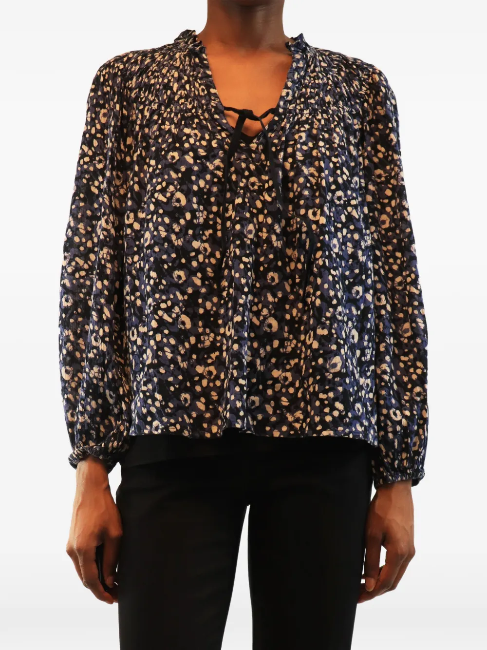 Pre-owned Ulla Johnson Floral-print Tie-neck Blouse In Blue