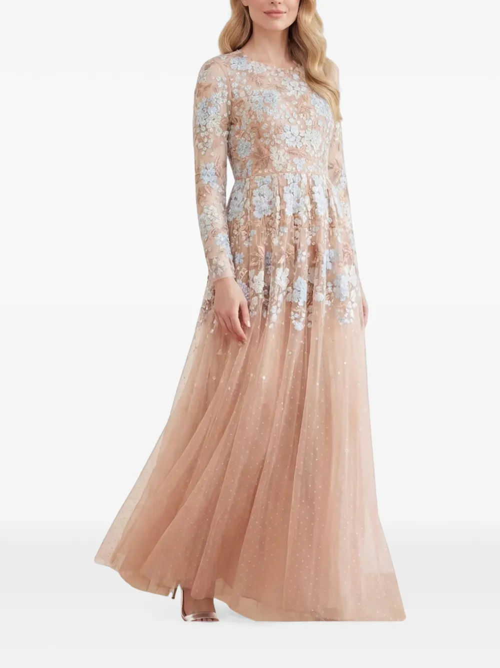 Needle & Thread Wisteria Dot long-sleeve maxi gown Beige