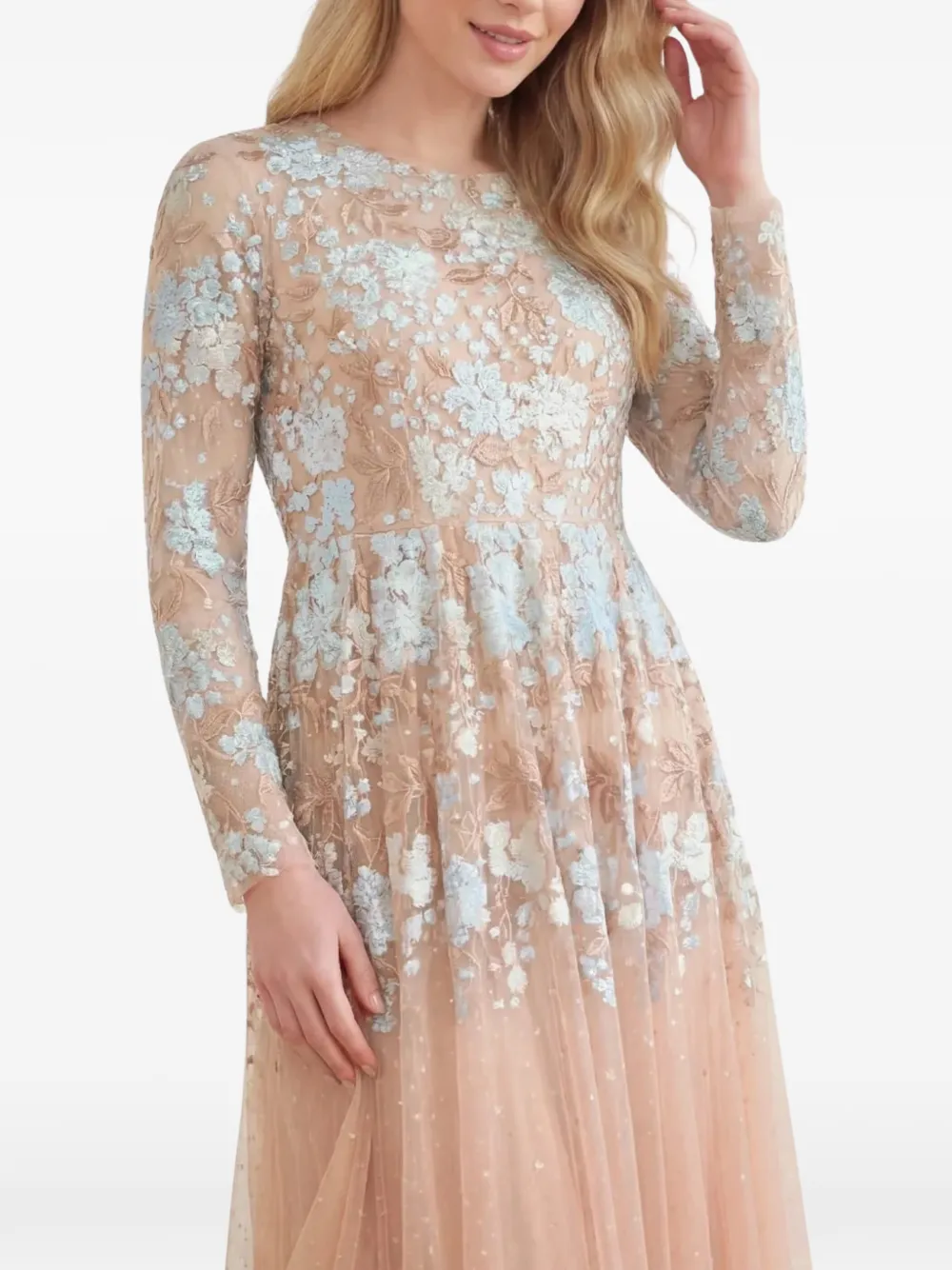 Needle & Thread Wisteria Dot long-sleeve maxi gown Beige