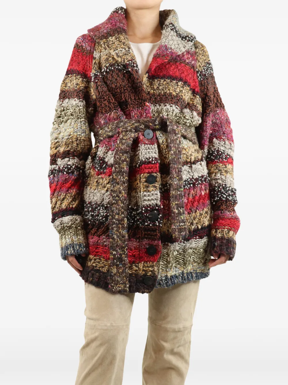 Pre-owned Dior Chunky Belted Cardigan In Red