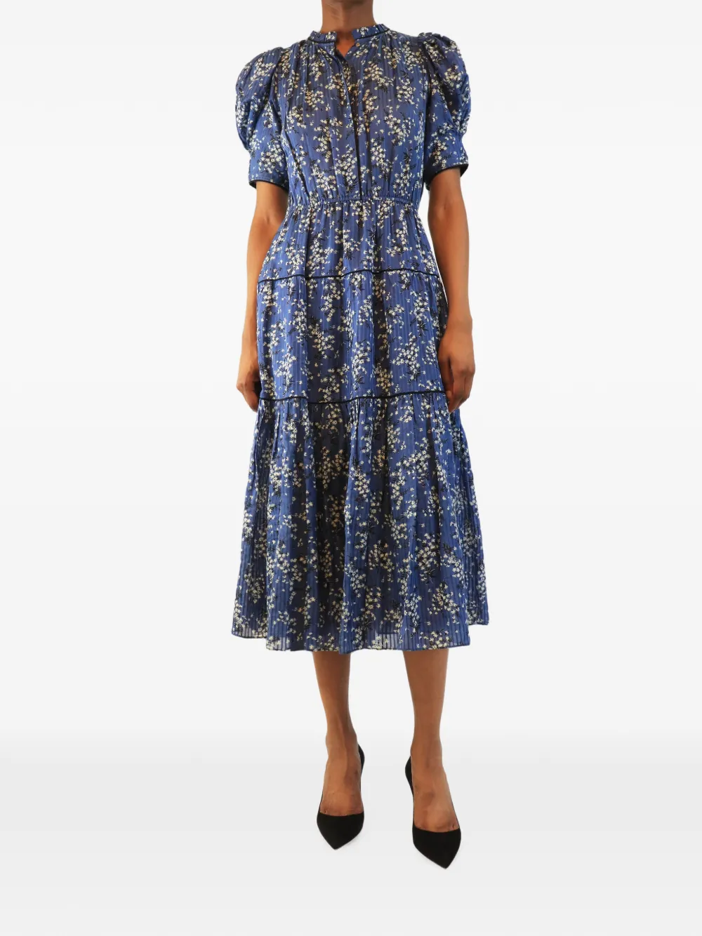 Pre-owned Ulla Johnson Floral-print Tiered Midi Dress In Blue